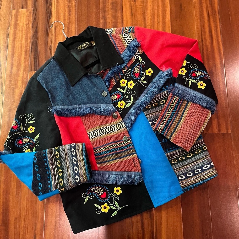 Julia Kim‎ Multicolor Jacket Patchwork Floral Embroidery Fringe Boho Size Medium